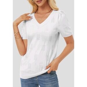 ATHMILE Short Sleeve V Neck Sweaters Dressy Casual Blouses Lightweight, Sm-White